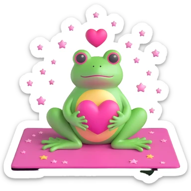 A 3D emoji of a frog in a meditative pose on a pink mat with a heart above its head, stars around it, in the style of iOS 18 emojis. sticker