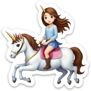 short girl with long brown hair riding a unicorn sticker
