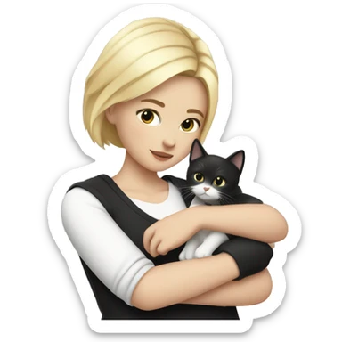 blonde girl with short hair holding a black and white cat in her arms sticker