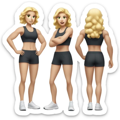 Close up Actively gesturing  with hands Pale skinned Fit woman With the biceps and blonde hair in dark gray Sleeveless Mike, black sports shorts, watch and white Sneakers sticker