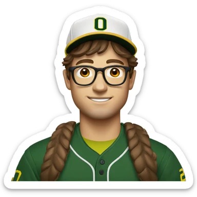 jeremy allen white with brown hair, glasses, and a university of Oregon baseball hat  sticker