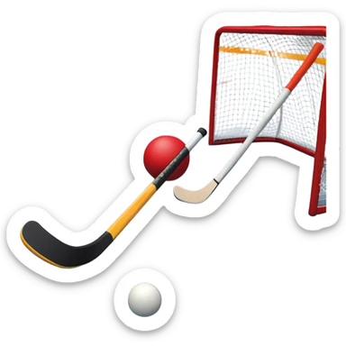 A red ball and hockey stick resting on an ice rink, with the goalposts and clear markings in the background. The scene captures the unique nature of field hockey with a ball on ice, emphasizing the speed and precision of the sport in a cold, competitive atmosphere. sticker