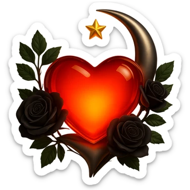 Add a glowing effect to the red glass heart, keep the silver crescent moon and black roses embellishing the heart, rich and elegant, in a 3D emoji-inspired style. Remove the background. sticker