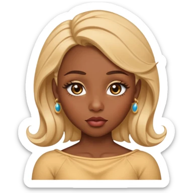 darkskin female with eyebrows that are naturally shaped and frame eyes well, eyes that are almond-shaped with defined lashes. nd lips are full with a defined cupid’s bow, add also a septum piercing that adds an edgy, stylish flair. a middle-part, honey blonde bust-down with laid baby hairs sticker