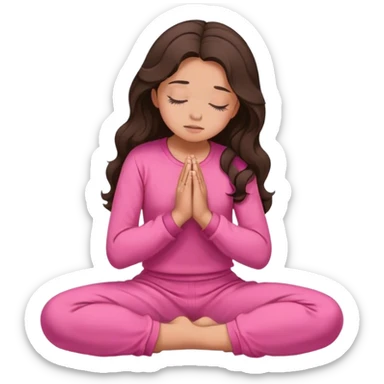 Girl with wavy dark brown hair and slight tan skin praying with a pink outfit on her knees with her eyes closed and side profile  sticker