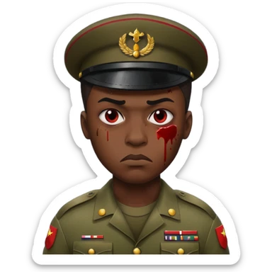 soldier with very dark Senegalese skin, scowling expression, blood splatter on left cheek, Apple 2D emoji style sticker