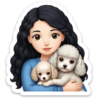 A white girl with long black  hair tightly hugged a Mini poodle sticker