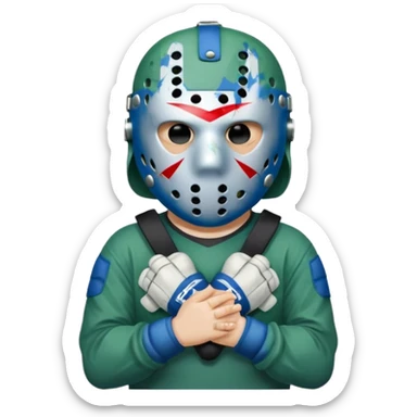 a cartoon image of Jason Voorhees, looking cute, with his hands together in front of him sticker