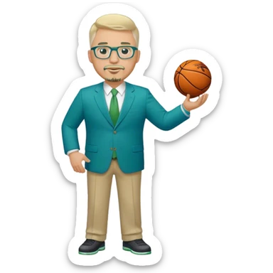 Full Body white male plus size wearing glasses with a goatee with light blonde and gray very short hair happy basketball head Coach in blue and green suit holding trophy sticker