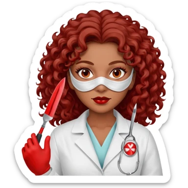 Scary woman scalpel in hand, evil surgeon sexy surgeon clothes.  She has red eyes. Her  brown long curly hair. Wears sexy doctor outfit with red gloves. make her hair free and brown but have mouthy  wear  mask  to hide. Wears white surgeon jacket and  has lon* brown hair. sticker