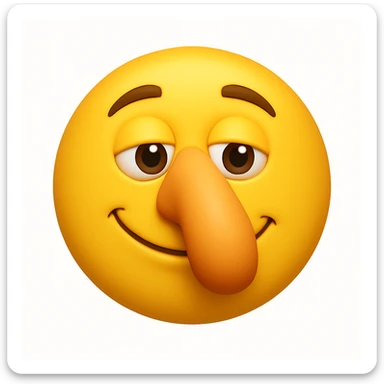 Create a yellow smiley face emoji with a large nose and the same facial expression as the reference image. The style should be 3D iOS emoji style, capturing the exact look and feel of the original emoji. Add a soft shadow under the nose. sticker