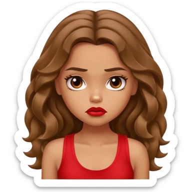 generate a pretty tan bratz girl with brown wavy hair long wearing a red tank top, red lipstick. Looking sad sticker