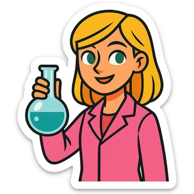 blonde girl with green-grey eyes, wearing a pink lab coat, holding a flask sticker
