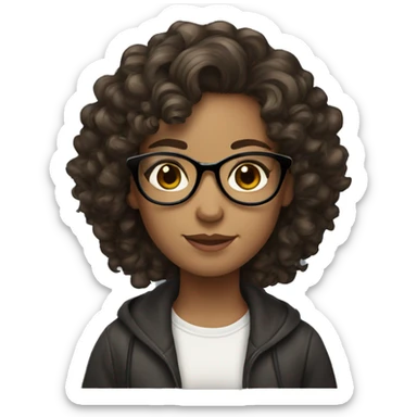 A girl with curly brown hair, brown eyes, Black glasses, freckles White skin Long hair sticker