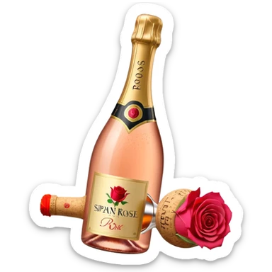 bottle of sparkling rosé champagne with a rose logo on the label, with the cork popping out from the top, tilted up and to the left, no glass sticker