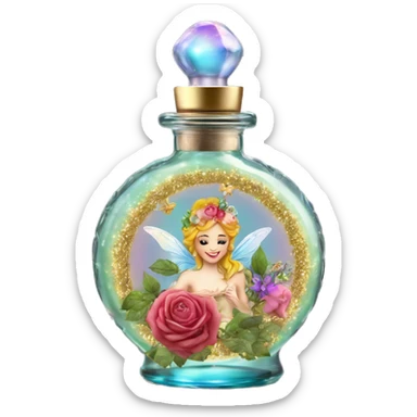 Rainbow magic fairy sparkling old Antique oil perfume bottle with herbal and rose flowers sticker