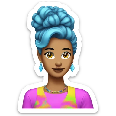 Tanned woman with black hair dressed in 1980s neon hair, makeup, and attire  sticker