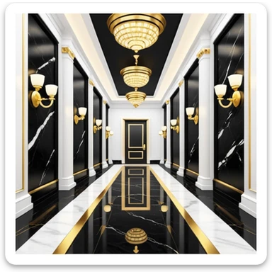 Luxurious black marble hallway with gold and white accents  sticker