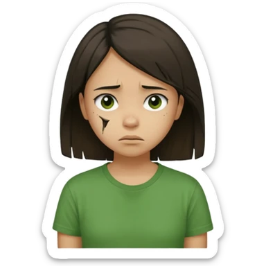 Young girl with straight, dark, damaged, and unkempt hair, wearing a green T-shirt, with a sad and discouraged expression. sticker