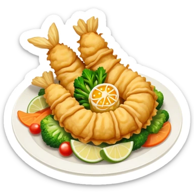 Tempura Cinematic Realistic Tempura Dish Emoji, depicted as extra crispy, lightly battered seafood and vegetables, rendered with vivid textures and dynamic, bright lighting. sticker