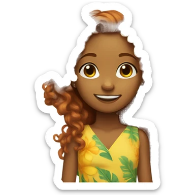 Brown skinned girl, long curly ginger hair, yellow Hawaiian flower in hair,  sticker