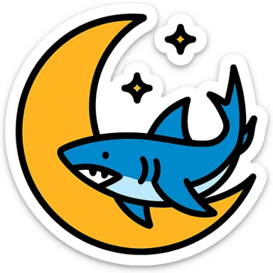 moon with a shark icon in lineal color with black outlines sticker