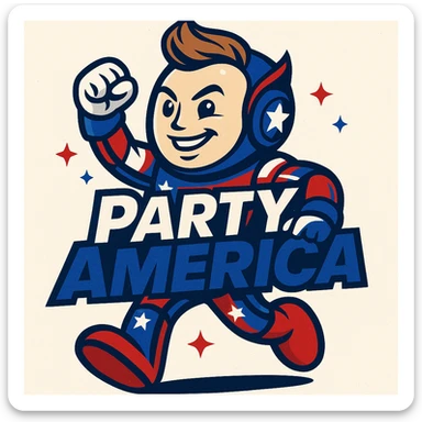 mascot-style creature for 'Party America' inspired by Elon Musk, with the party name 'Party America' integrated into the design, creature looks innovative and American, with stars and stripes sticker