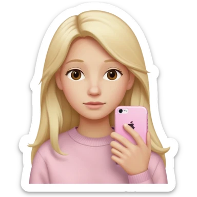 close up of a pastel pink iPhone to the ear, long blonde hair, beige sweater, iOS Apple emoji style sticker