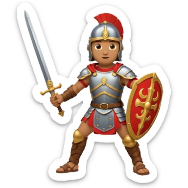 Roman gladiator with helmet and sword, dynamic pose, Puy du Fou theme park emoji sticker