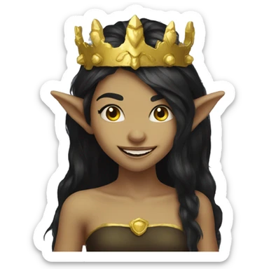 goblin girl with gold crown dark long dark hair big smile sticker