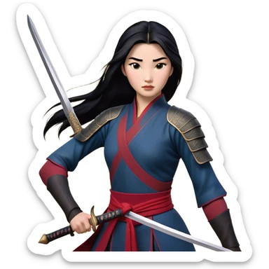 Cinematic Realistic Mulan Portrait, depicted with lifelike skin texture, soft natural lighting, and intricately detailed long black hair styled elegantly. Her deep, expressive eyes exude determination and grace, complemented by a serene yet confident expression. She stands with one hand resting on the hilt of her sword, the other by her side, exuding strength and poise. She is dressed in her classic attire, with rich fabric textures and delicate folds that catch the light beautifully. The portrait features a soft, enchanting glow with a natural, radiant finish, capturing the essence of timeless strength and beauty in a realistic and painterly style, evoking a sense of depth and authenticity. sticker