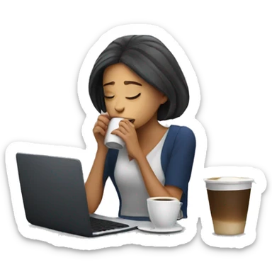 tired french girl with laptop drinking a lot of coffee sticker