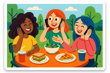 three girls enjoying lunch break, talking to each other on their phones, playful and lively, diverse appearances, informal setting sticker