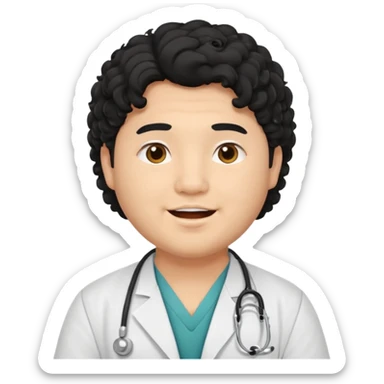 a young asian chubby male doctor with black long curly hair and cheerful face without gpasses sticker