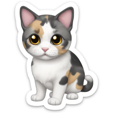 older round diluted calico, white chin, black and pink nose, grey ears, grey and white sticker