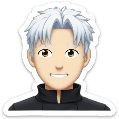 gojo satoru smiling from jujutsu kaisen with white hair, blue sky eyes, wear a black tshirt sticker