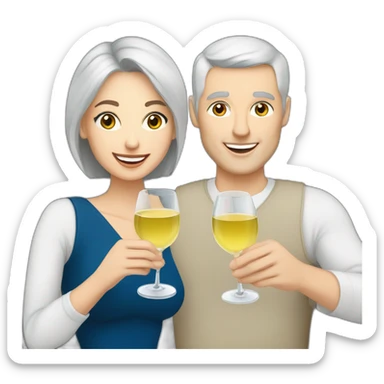 caucasian woman with brown eyes and blond short hair and a caucasian man with blue eyes and grey hair, toasting with a glass of white wine sticker