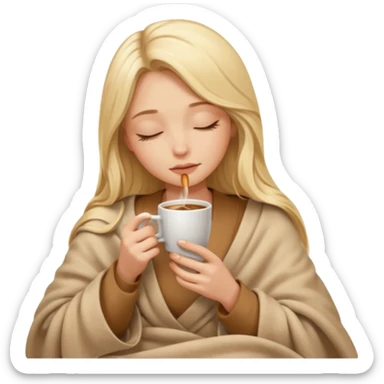 Blonde girl long hair inside a beige blanket sipping coffee eyes closed sticker
