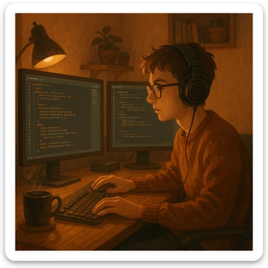a boy with a headset coding in a cozy setup, warm lighting, monitors, relaxed atmosphere, detailed cozy workspace, ambient lighting sticker