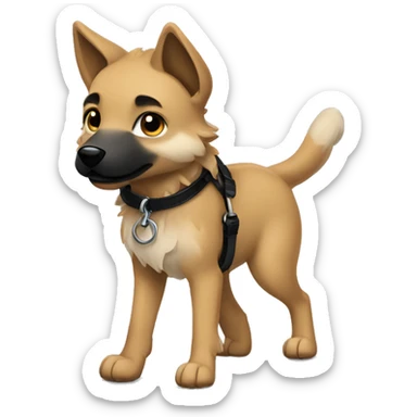 4 short legs a light brown puppy-like wolf with black  ears with black leash  is walking sticker