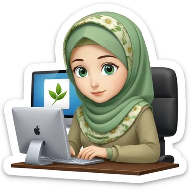 Turkish beautiful finish Konya girl blue eyes and green khaki hijab and light green floral dress and she work on office with computer sticker