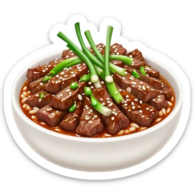 Cinematic Realistic Bulgogi Dish Emoji, featuring tender, marinated beef stir-fried with vegetables rendered with dynamic textures and mouth-watering lighting. sticker