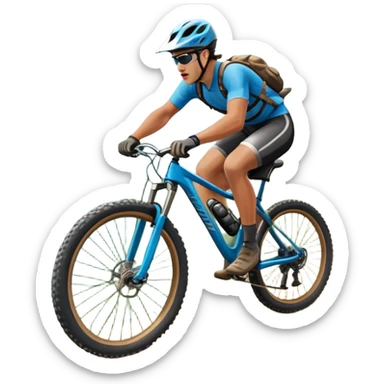 An icon featuring a mountain bike with thick tires on a rugged trail. A cyclist in a helmet rides downhill, kicking up dust. The background showcases a breathtaking mountain landscape with green slopes, rocky peaks, and a bright blue sky. Transparent background emphasizes adventure and speed sticker