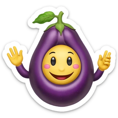smiley face with hand holding an eggplant, playful style sticker