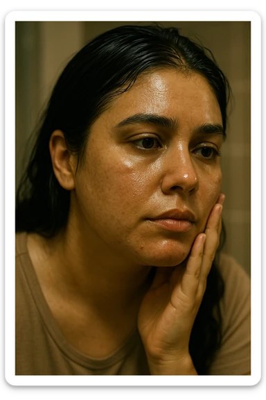 A highly realistic, cinematic close-up portrait of a young woman in her late 20s with medium skin tone, showing visible oily skin and enlarged pores on her cheeks, nose, and forehead. Her skin has a noticeable shiny appearance due to excessive sebum production, and small acne spots are visible along her jawline and chin, indicating hormonal imbalance. Her dark hair appears greasy, clumping in some areas near her scalp, emphasizing unwashed, oily hair due to overactive sebaceous glands caused by PCOS. The woman looks at herself in the mirror with a tired yet hopeful expression, gently touching her cheek with her fingertips as she observes her skin condition. The setting is a softly lit bathroom with natural daylight, and the reflection shows the detail of her skin texture and greasy hair strands. Style: 35mm hyperrealistic film, warm neutral tones with soft depth of field, focusing on the oily skin texture, visible pores, and greasy hair to clearly illustrate the visual symptoms of PCOS. in italiano sticker