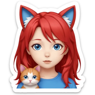 cute anime girl with cat ears, red blowing hair sticker