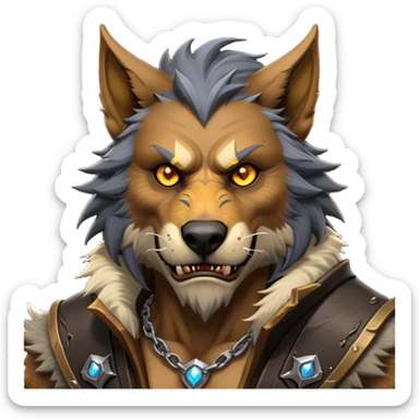 Cinematic Realistic WoW Worgen Portrait, head tilted epicly and inquisitively, showcasing the striking fusion of human intellect and beastly ferocity. His rugged fur and tanned skin, accented by piercing amber eyes and meticulously rendered worn leather garments, are bathed in dynamic lighting, high shine, epic and awe-inspiring, capturing the relentless spirit of a worgen at the apex of his power. sticker