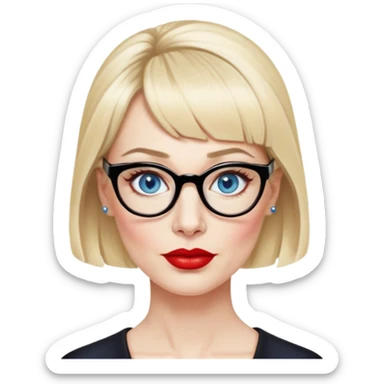 Woman in her early 50s with pale skin, wider face, blue eyes with eyeliner, thin eyebrows, red lipstick, blonde updo hair with bangs, wearing a black glasses  sticker