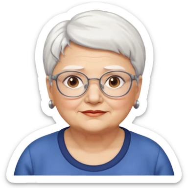 Create me emoji of an old mid-fat lady. Short white hair to left side. Square glasses. Brown eyes. No earings sticker
