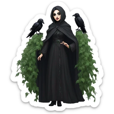 the morrigan goth woman version vines style furr robe stylish boots, perfect eyes, raven on hand, green vines decor on ground sticker